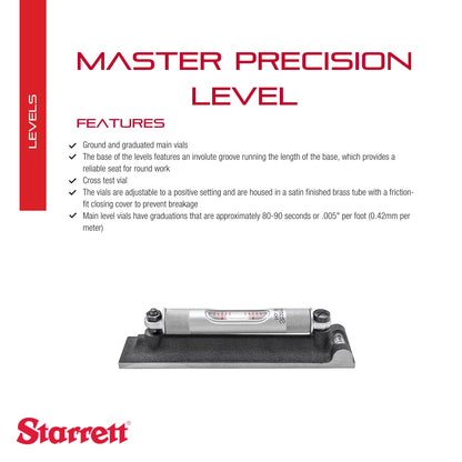 Starrett Machinists' Level with Ground and Graduated Main Vial - Ideal for Machine Shop and Tool Room Use - 6" Length, Cross Test Vial, Without Case - 98-6