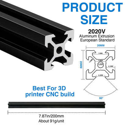 2020 V Aluminum Extrusion, 10PCS 2000mm European Standard Anodized Extruded Aluminum Profile Extrusion Linear Rail for 3D Printer and CNC Machine DIY Projects- Black