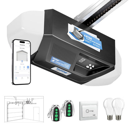 TOPENS CZ120 Garage Door Opener System 800N Chain Drive with Wireless Remote & Keychain Transmitter Smart App Control DC Motor for Sectional Garage Doors up to 7.5 ft