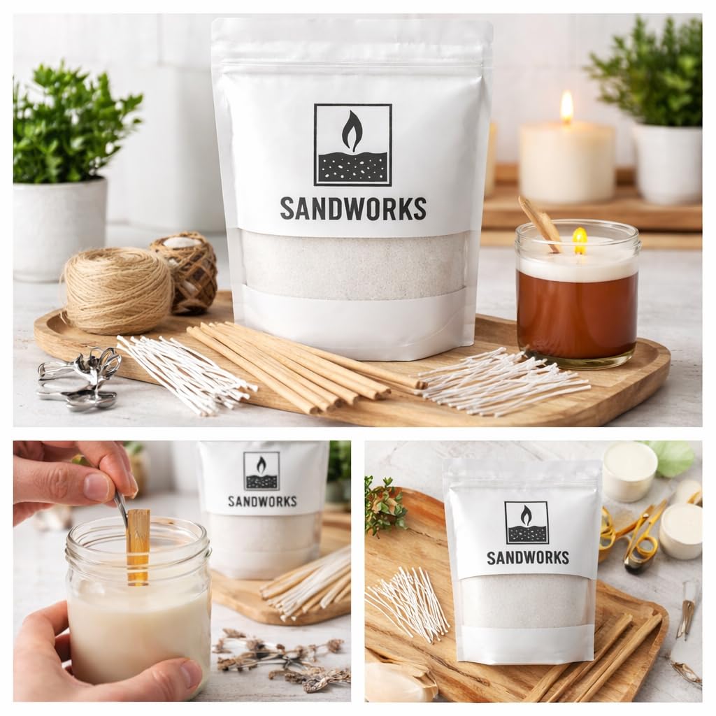 SANDWORKS Sand Wax Candle Making Kit – 5 Wooden Wicks & 15 Cotton Wicks, 500 g Premium Fragrance-Free Sand Wax (Deep Tide Blue)