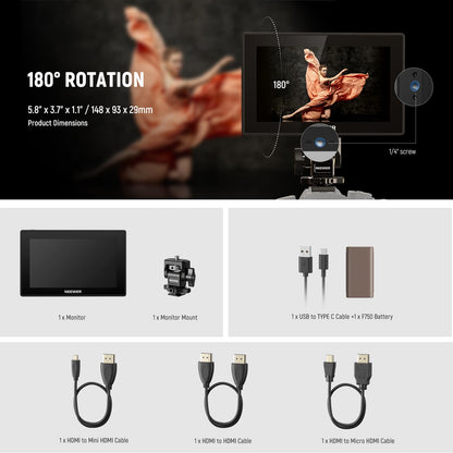 NEEWER 5.5" Camera Field Monitor, 2000nit HD 1920x1080 IPS Touch Screen, 4K HDMI Loop in/Out with 3D LUT Peak Focus DSLR Video Assist HDR Waveform, 5200mAh F750 Battery, DC7-24V/Type C 5V In, F500 PRO