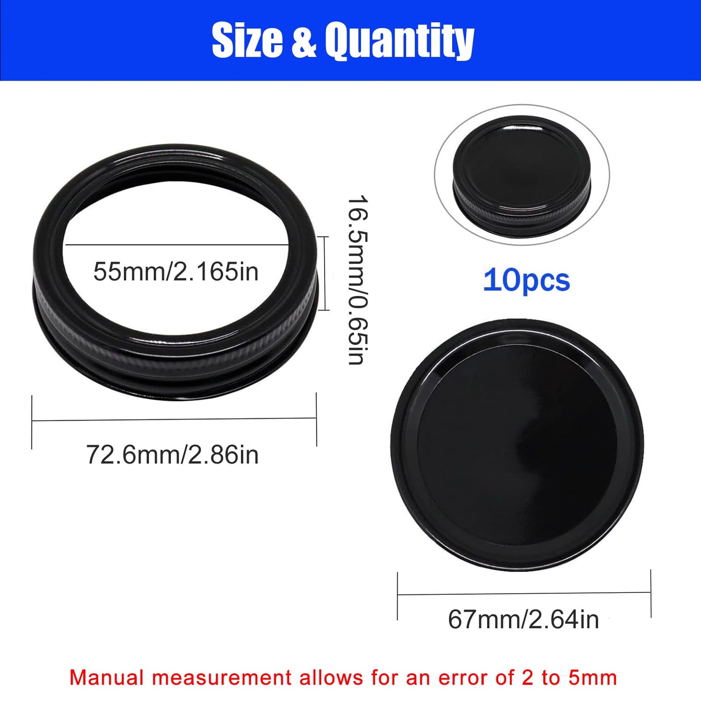 BENLIUDH Canning Lids and Rings, 2-3/4 Inches Reusable Mason Jar Lids Regular Mouth Compatible with Ball or Kerr Jars Set of 10 (10 Lids+10 Rings, Black)