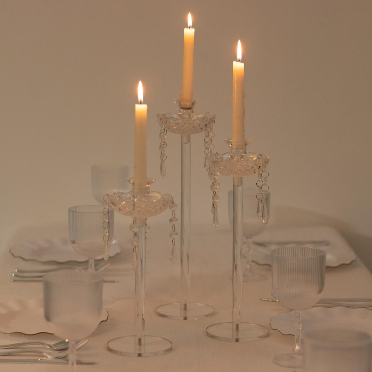 Efavormart Set of 3 Acrylic Candle Holders with Hanging Bead & Prism Accents – Taper Candlestick Stands - 11",13",15"