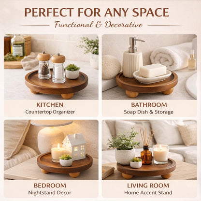 Wooden Riser for Display, 5 Inch Round Wood Riser Pedestal Stand, Small Round Wooden Tray & Wood Pedestal Tray, Elevated Tray for Candles Plants Bottles Vases, Farmhouse Tabletop Entry Table Centerpiece Decor