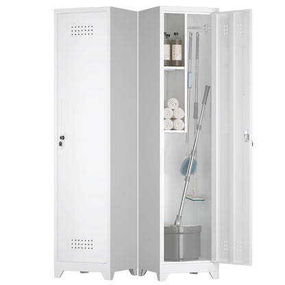 FATIGOS Slim Broom Closet Storage Cabinet, 65" H Metal Cabinets with Lock and Shelves & S-Hooks, Utility Closet, Narrow Storage Cabinets for Home Office, Pantry, Bathroom, Garage, White