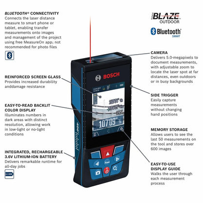 BOSCH GLM400CL 400 Ft Blaze Outdoor Connected Laser Measure, Includes 1.0 Ah 3.7V Lithium-Ion Battery & Charger, Micro USB Cable, Hand Strap, & Pouch
