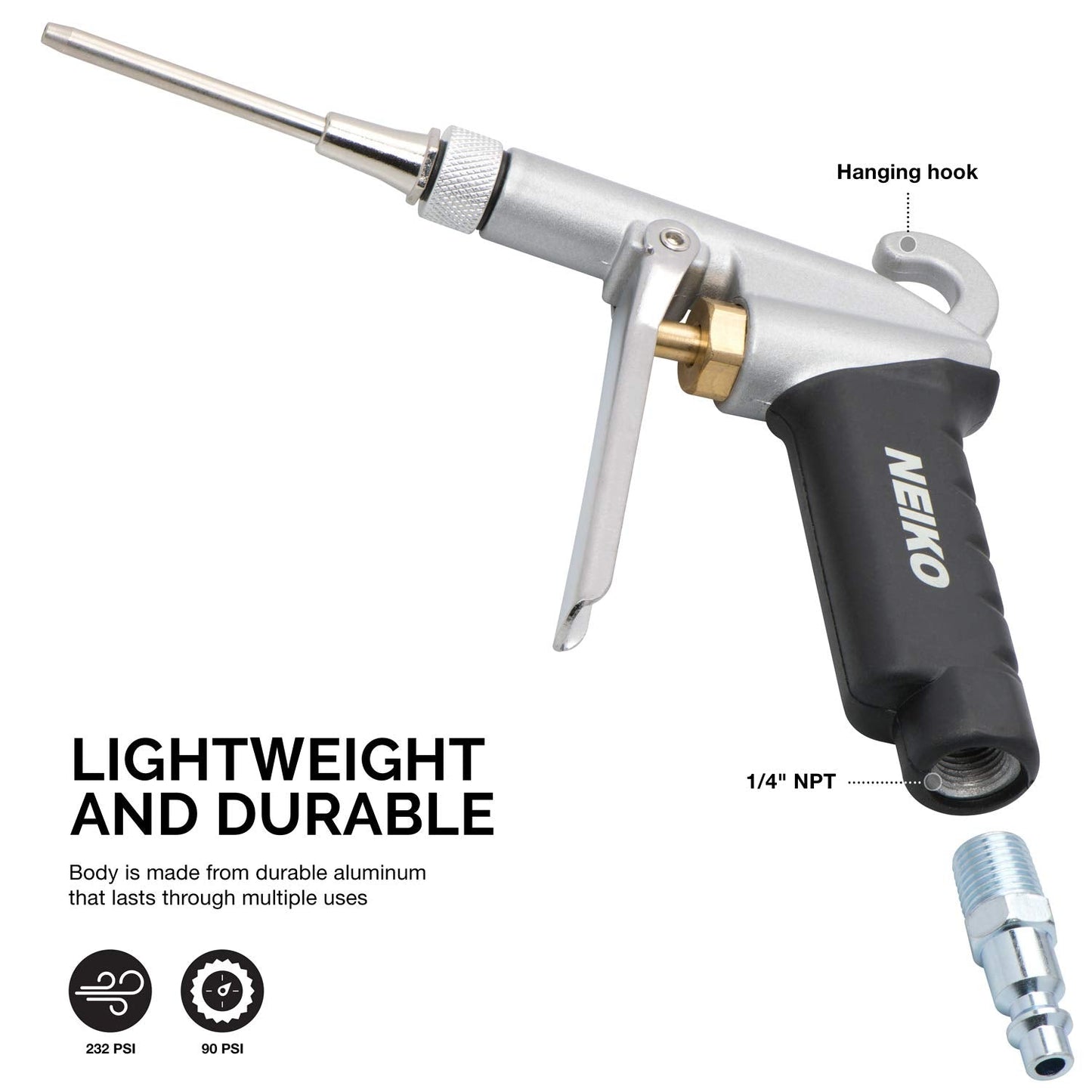 NEIKO 31121A High Flow Air Blow Gun | 3 Pc Pneumatic Air Nozzle | Dust Gun | Air Gun Compressor Accessories | ¼”