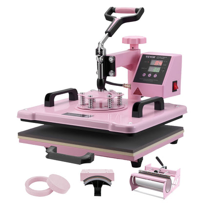 VEVOR Heat Press Machine 5 in 1 Combo with 30 OZ Tumbler Press & Hat Press, Slide Out 12x15 Inch Heat Press Sublimation Machine for T-Shirts, Hats Caps Tumblers Glass Cans Mugs, and Plates (Pink)