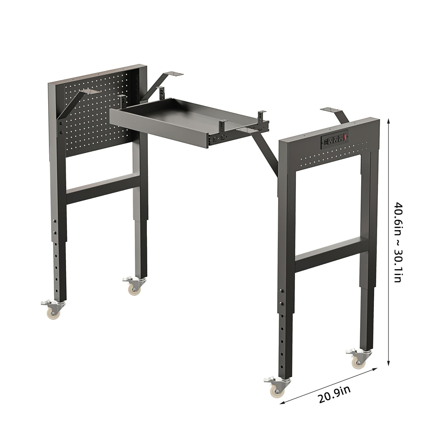Heavy Duty Workbench Legs, 2000 LBS Load Metal Standing Desk Legs Height Adjustable 27.5“ to 40.5”, Features Lockable Wheels, Power Outlets, Pegboard and Drawers for Workshop, Office, Garage, Home