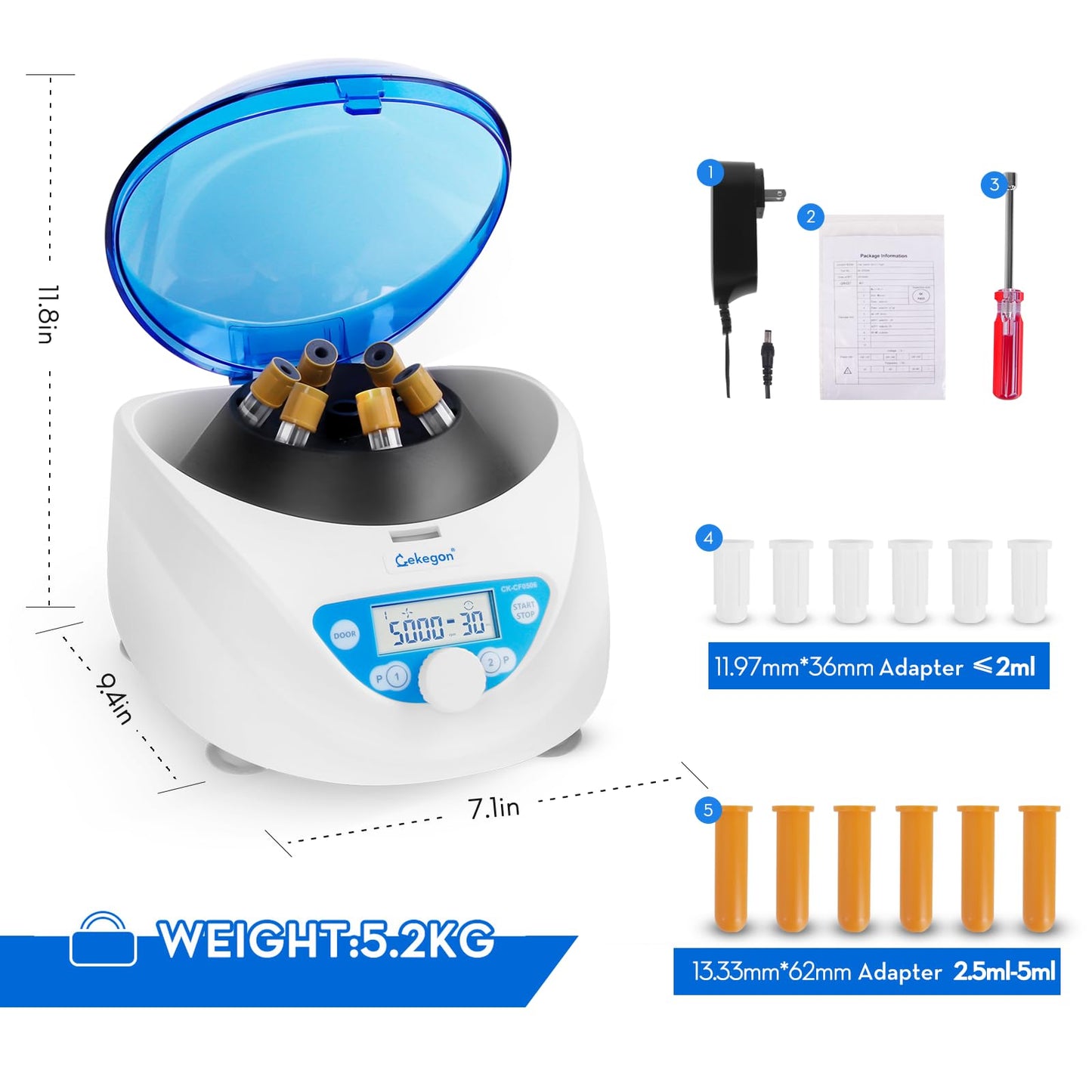 Cekegon PRP Centrifuge Machine 6x15mL/10mL/7mL/1.5-5ml, Benchtop Lab Centrifuges with 300-5000rpm Max. 2600xg RCF for Laboratory College Beauty Clinic