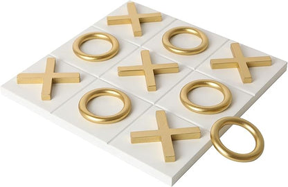 NIKKY HOME 12x12 Inch Tic Tac Toe Wood Game Board Classic Coffee Table Decor Modern Wooden Travel Game for Family White &amp Gold