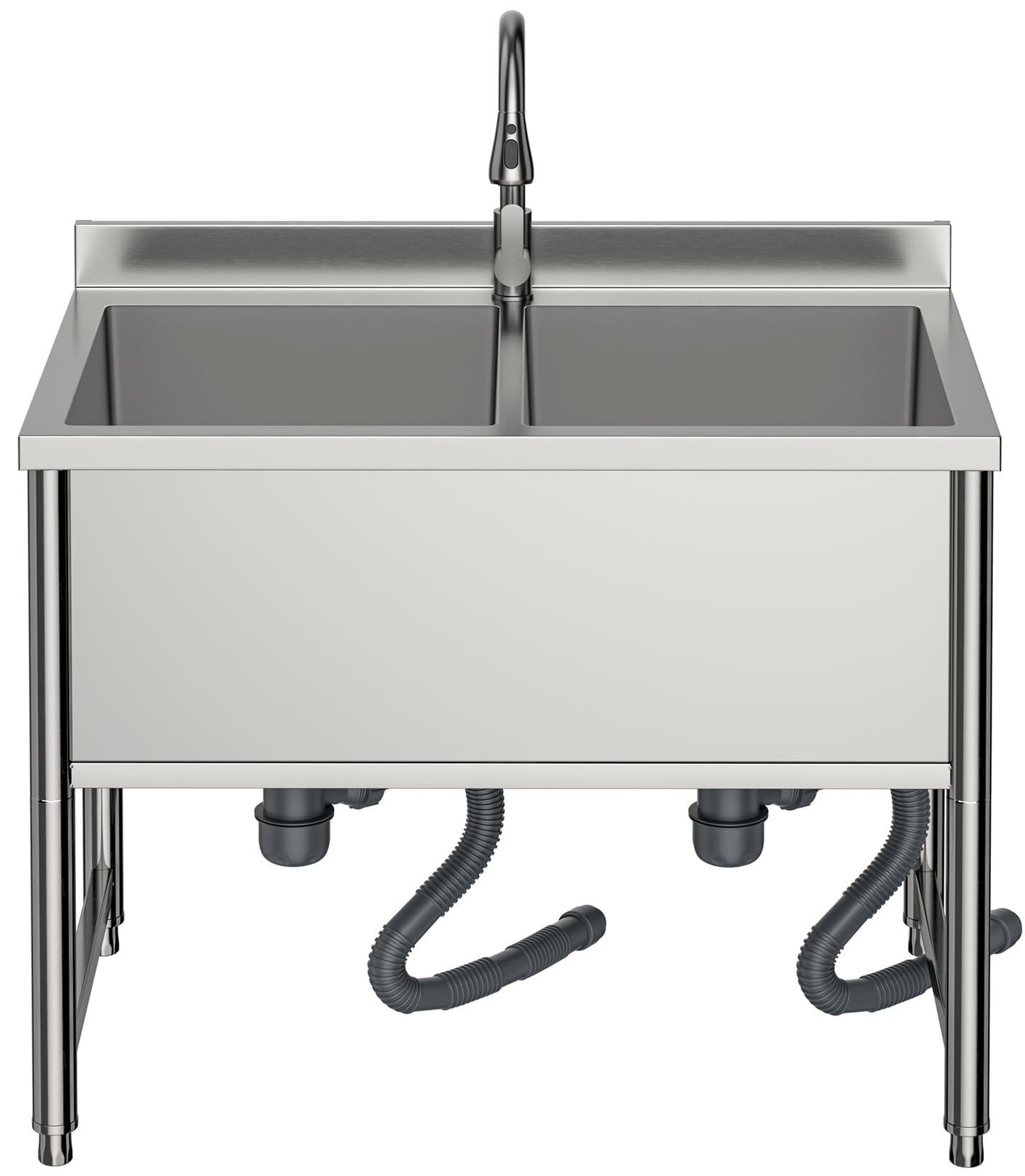 35" Stainless Steel Commercial Sink 2 Bowl Freestanding Kitchen Sink with Pull-out Faucet, Large Utility Sink for Kitchen, Dishwashing, Thawing, Laundry Room, Garage, Outdoor, Total Capacity 36 Gallon