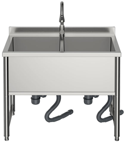 35" Stainless Steel Commercial Sink 2 Bowl Freestanding Kitchen Sink with Pull-out Faucet, Large Utility Sink for Kitchen, Dishwashing, Thawing, Laundry Room, Garage, Outdoor, Total Capacity 36 Gallon
