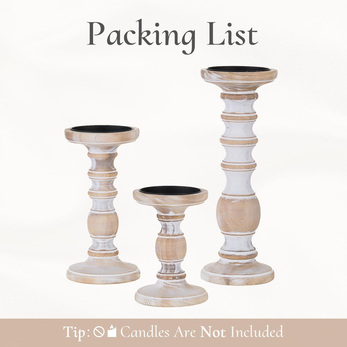 Wood Candle Holders for Pillar Candles - Tall Rustic Candle Holder (Set of 3), Large Farmhouse Candle Holders Candle Stand, Pillar Candle Holder Set for Table Centerpiece, Fireplace, Home, White