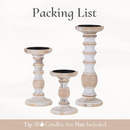 Wood Candle Holders for Pillar Candles - Tall Rustic Candle Holder (Set of 3), Large Farmhouse Candle Holders Candle Stand, Pillar Candle Holder Set for Table Centerpiece, Fireplace, Home, White