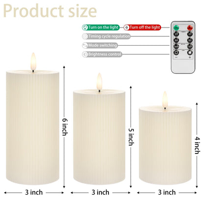 ANGELLOONG Ribbed Flameless Pillar Candles with Remote, Set of 3 Ivory Real Wax LED Candles Battery Operated with 2/4/6/8H Timer for Home Decor, Bathroom, Living Room
