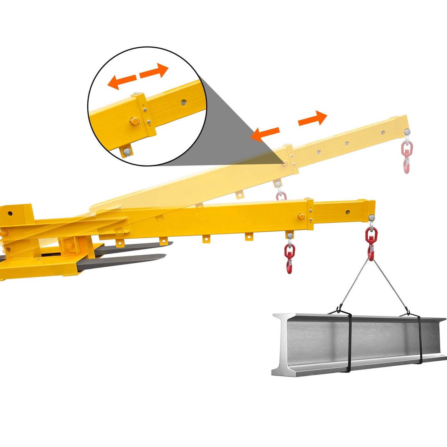 Adjustable Forklift Jib Boom Crane, Manual Telescopes 83“～149 in, Forklift Mobile Crane with Two 3 t Swivel Hooks, 6000 LBS Lift Capacity Forklift Crane for Warehouse or Factories