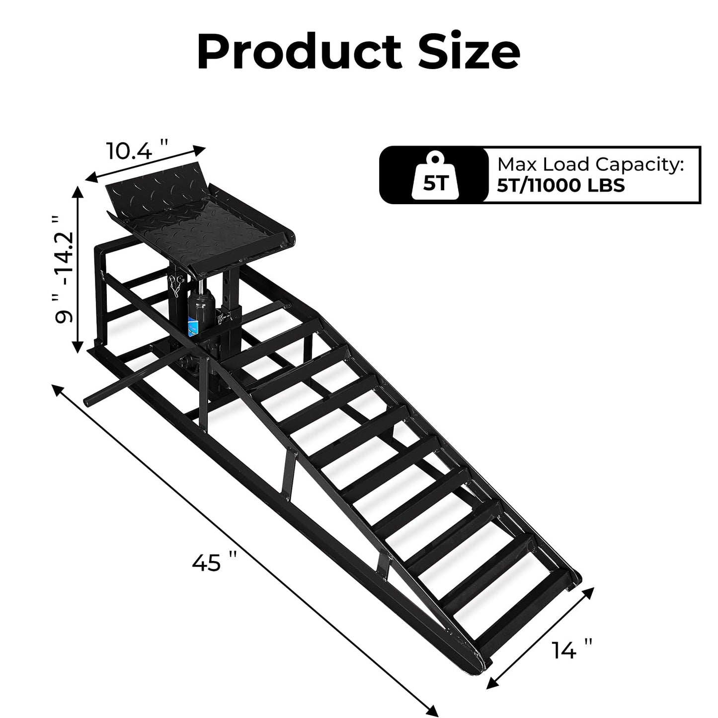 Skepphlay 2 Pack Hydraulic Car Ramps 5t, Car Ramps High Lift 11000lbs, Cars Lift Service Ramp Height 9"-14.2", Heavy Duty Steel Auto Ramp for Changing Oil for Maintenance, Black
