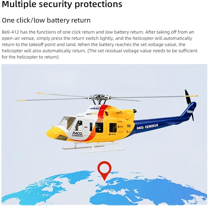 FLYWING BELL-412 470-Class RC Military Helicopter 2.4G 6CH GPS Positioning &amp Auto-Return 3D Flight &amp 4 Modes Quick Detachable Propellers RTF Version for Adults &amp Advanced Enthusiasts