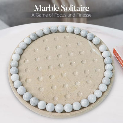 Marble Peg Solitaire Board Game 10 Inches Beige Stone Game with 42 White Assorted Marble Balls Classic Brain Puzzle for Fun Elegant Decor for Family Only