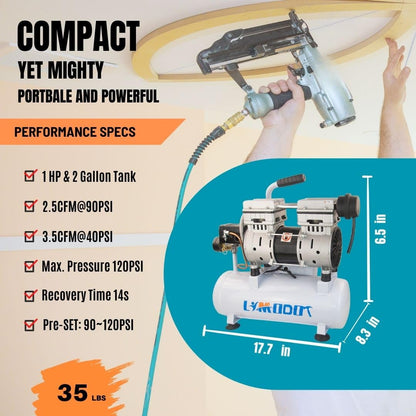 Air Compressor, Ultra Quiet, Only 60dB, 2 Gallon Steel Air Tank, Oil Free, 2.5 CFM at 90 PSI, Fast 14s Recovery Time, Ideal For Shop, Garage, Nail Gun, Pneumatic Tools, 1HP