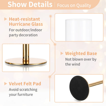 Nuptio Gold Candlestick Holder Tall Hurricane Candle Holder Set of 3 Taper Candle Holders Candle Stand Glass Cover Candlesticks Holders Table Centerpiece for Wedding Party Birthday Christmas Decor