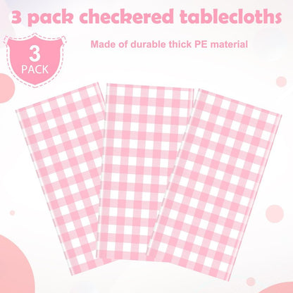 YIDAKO 3pcs 54X108inch Pink Checkered Tablecloth,Pink Gingham Tablecloths Buffalo Plaid Disposable Plastic Table Covers for Birthday Baby Shower Bridal Wedding Party Birthday Decorations