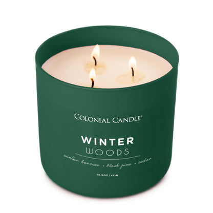 Colonial Candle Winter Woods Scented Jar Candle, Pop of Color Collection, 3 Wick, Green, 14.5 oz - Up to 60 Hours Burn