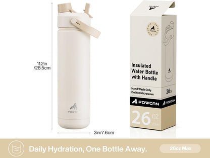 POWCAN 26 oz Insulated Water Bottle - 2-in-1 Straw & Spout Lid | Leak-Proof, Keeps Drinks Cold 24H, Mousse