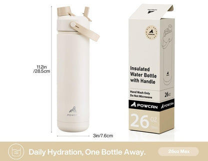 POWCAN 26 oz Insulated Water Bottle with 2-in-1 Straw and Spout Lid, Keep Cold 24H, Leak-Proof, Fits in Car Cup Holder, Stainless Steel Water Bottle for Sports, Gym, Travel, and School (Mousse)