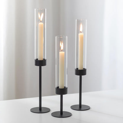 Romadedi Black Candlestick Holders Hurricane - Metal Taper Candle Holder Tall Windproof Glass Cylinder for Indoor Outdoor Table Centerpiece Christmas Halloween Modern Home Decor Set of 3