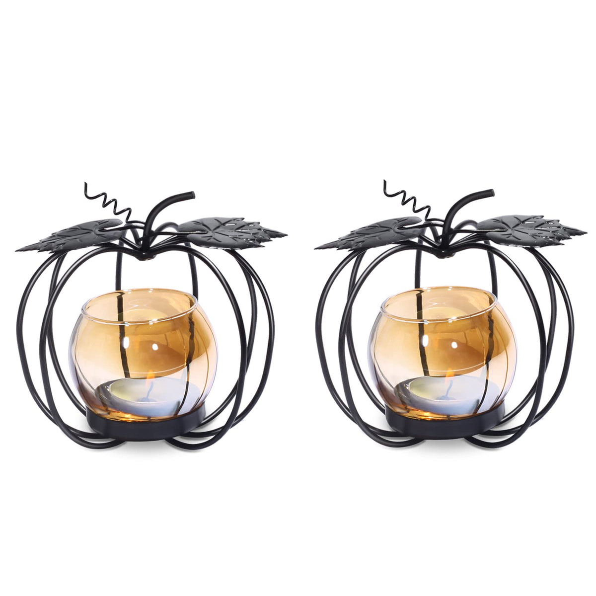 Pumpkin Glass Votive Candle Holder, Set of 2, Decorative Matte Black Iron Tea Light Candle Holder for Home Décor, Thanksgiving Decoration, Halloween Table Decor