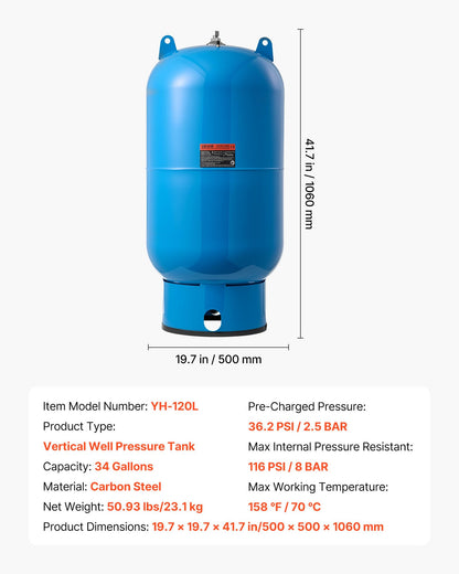 VEVOR 34-Gallon Vertical Well Pressure Tank, Pre-Charged Pressurized Water Tank for Well Pumps, Heavy-Duty Carbon Steel Water Storage Container for Home, School, Farm & Irrigation Systems