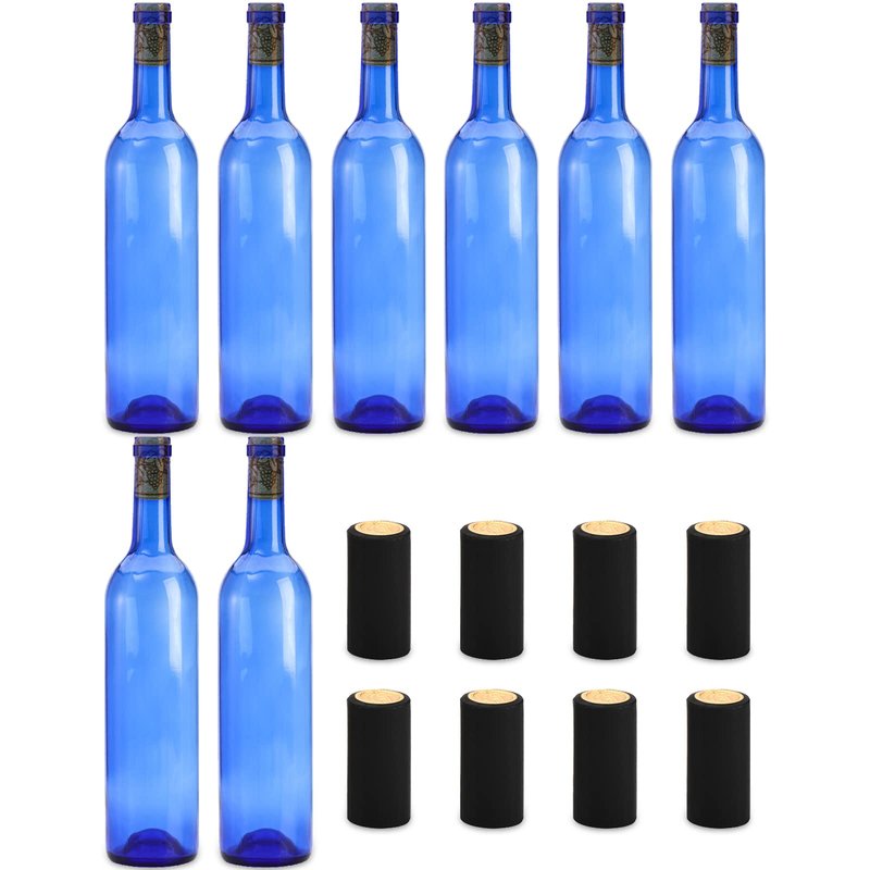 DEAYOU 8 Pack 750ml Bordeaux Wine Bottles, Glass Clear Bottles with 8 Corks and 8 PVC Shrink Capsules, Flat-Bottomed Empty Bottle for Claret, Liquor, Champagne, Juice, Beverages, Decors, Cobalt Blue