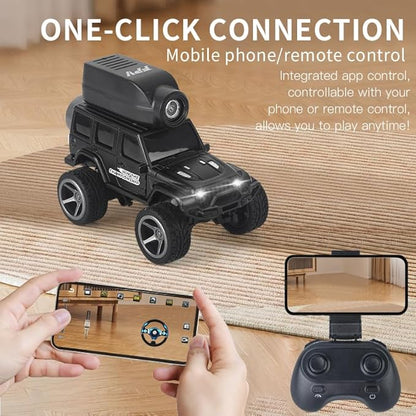 1:64 Mini Alloy Video RC Car – APP &amp Remote Control Built-in Camera for Real-Time Viewing Shock-Absorbing Climbing Design LED Lights 30m Range &amp 15min Runtime（Black）