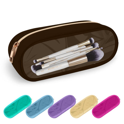 UIXIZQ Clear Small Pencil Pouch Makeup Bag for Purse,Nylon&PVC Pencil Case Waterproof Makeup Brush Holder with Zipper,Preppy Transparent Pen Bag Travel Cosmetic Bag for Women Office(Slim-Chocolate)