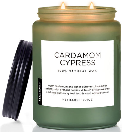 M&SENSE Cardamom Cypress Fir Large Soy Candles for Home Scented 2 Wick Large Soy Natural Candles 19.4oz 110 Hours Long Lasting Slow Burning Woody Scented Winter Holiday Birthday Gifts
