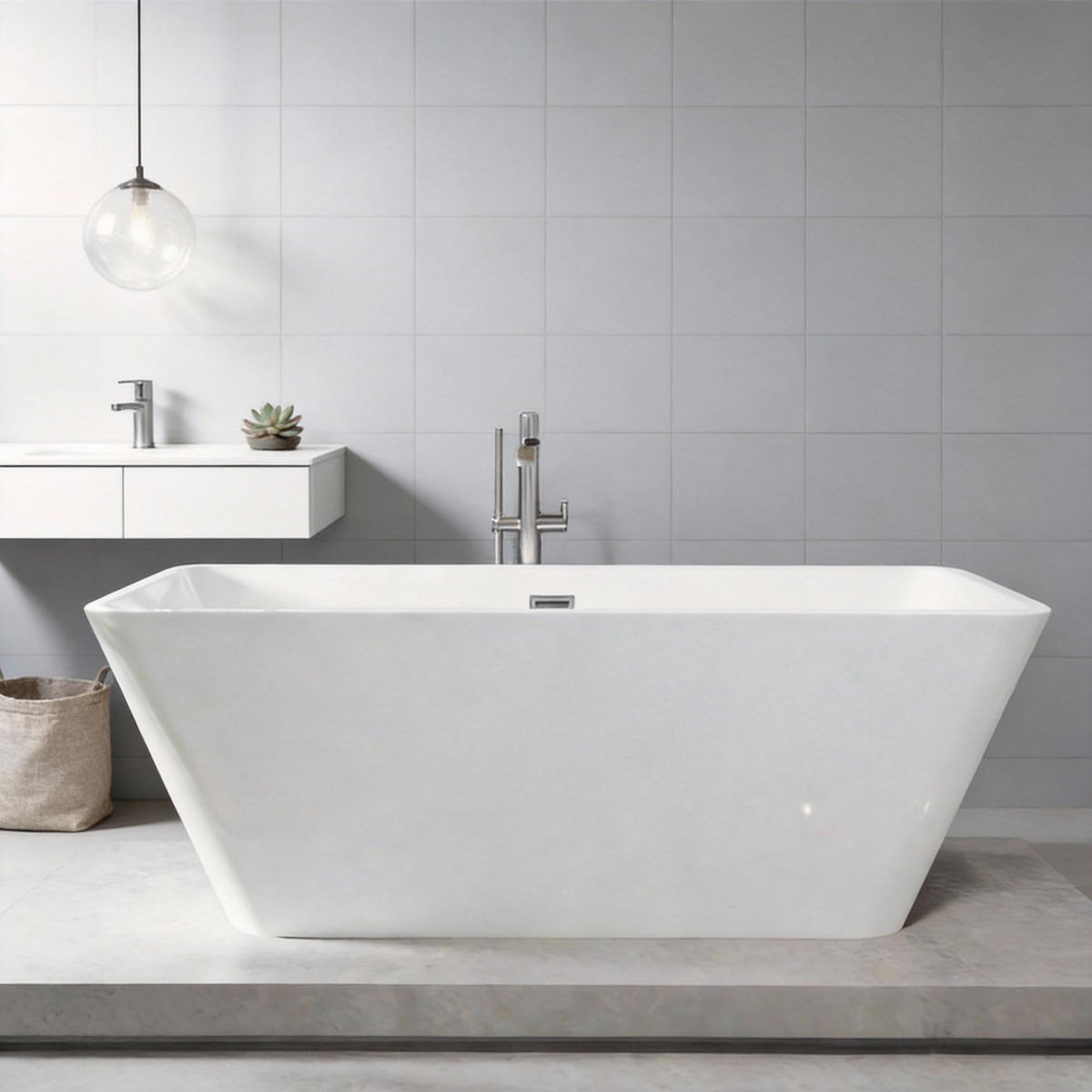 59" Freestanding Bathtub, Modern Soaking Bathtub, Freestanding Rectangular Tub with Non-Slip Base and Easy Drain, Deep Design for Adults, Ideal for Bathroom Relaxation, Chrome Drain, White