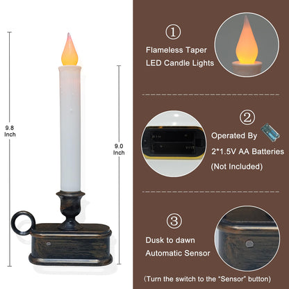 SUNSGNE Battery Operated Window Candles, Flameless Window Candles with Sensor Dusk to Dawn for Holiday Home Table Christmas Decor, 4 Pack, Antique Bronze Base