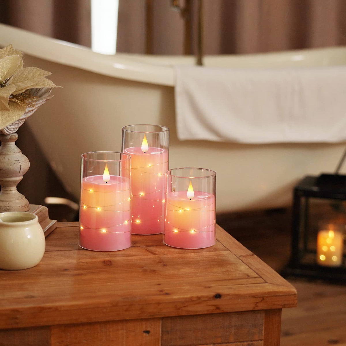 Homemory Flickering Flameless Candles with String Lights, Battery Operated Candles, Embedded String Lights LED Candles, Unbreakable Plexiglass Candle with Remote, Set of 3, Pink