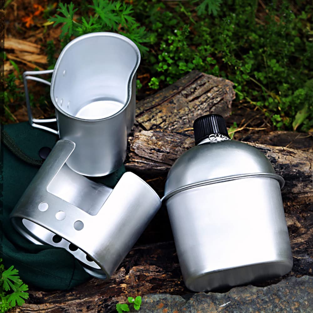 Lixada Military Canteen Set 3pcs Portable Camping Cookware Set Cooking Pots Military Canteen Wooden Stove Cup Set for Camping Hiking Backpack