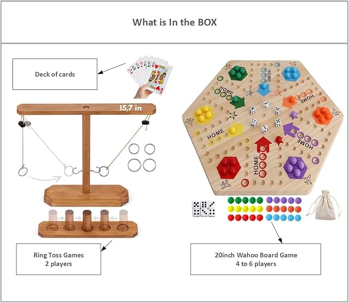 Wooden Wahoo Marble Board Game (20 INCH) Double-Sided for 2-6 Players with 24 Marbles and 6 dice. Also Includes Ring Toss Wooden Hook and Ring Gameand Premium Playing Cards.