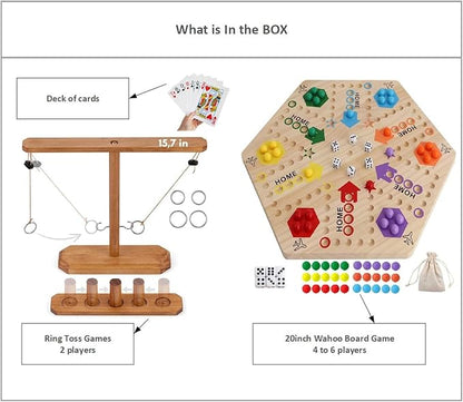 Wooden Wahoo Marble Board Game (20 INCH) Double-Sided for 2-6 Players with 24 Marbles and 6 dice. Also Includes Ring Toss Wooden Hook and Ring Gameand Premium Playing Cards.