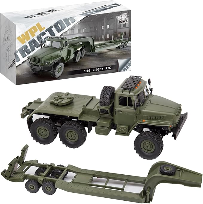 WPL B36-3 1/16 RC Military Trailer with LED Headlights 2.4G Full-Proportional 4WD RC Off-Road Truck Gifts for Electric Car Model Enthusiasts (Two Batteries)