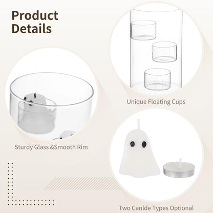 Vestamore Halloween Glass Candle Holder Set, Floating Candle Table Centerpiece Kit, Includes Cylinder Candle Holder, 15 Candles, 20 Tea Lights, for Parties, Weddings, Holidays