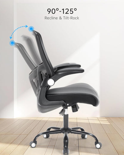 Skiennix Ergonomic Office Chair - Mesh Back, Adjustable Height, Flip-Up Arms, Black Leather Seat