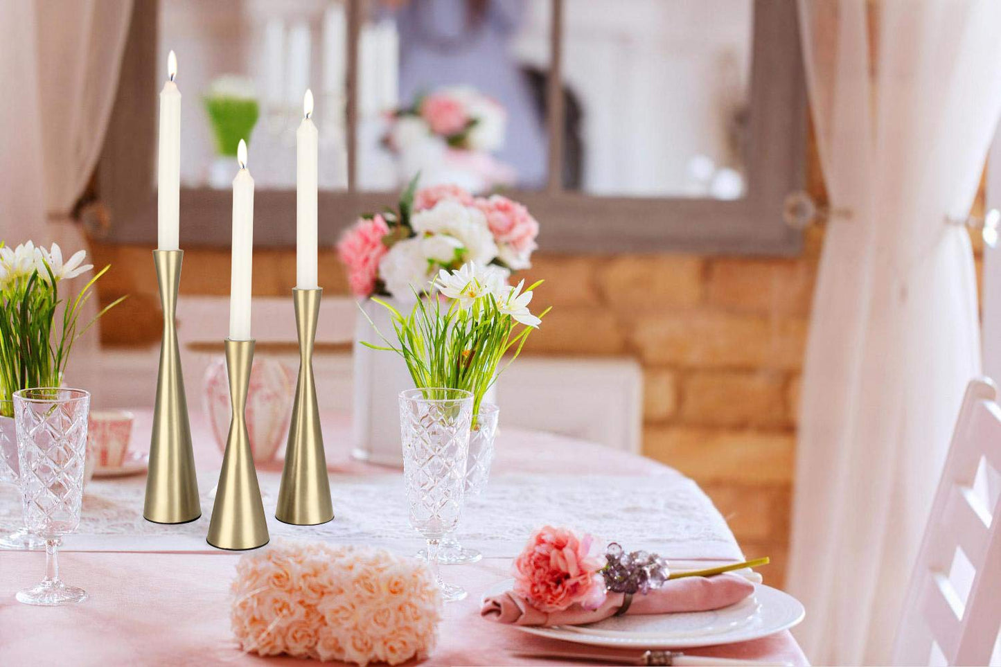 Vixdonos Brass Gold Taper Candlestick Holders Metal Candle Holders Set of 3 Table Mantel Decorative Candle Stand for Wedding, Dinning, Party,Home Decor (Gold)