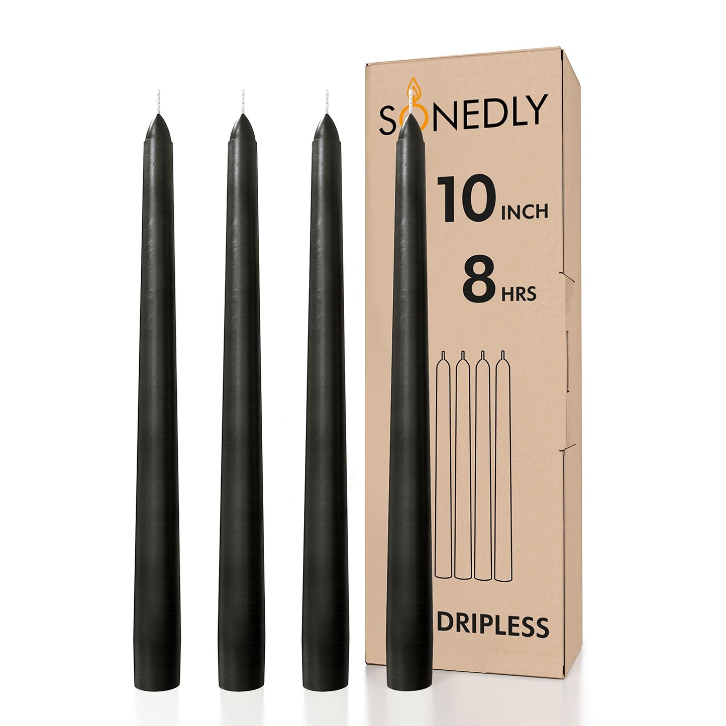 SONEDLY 10 inch Taper Candles 4 Pack - Long Burning Dripless and Smokeless - Ideal for Halloween and Witchcraft - 8-Hour Coal Black Candlesticks