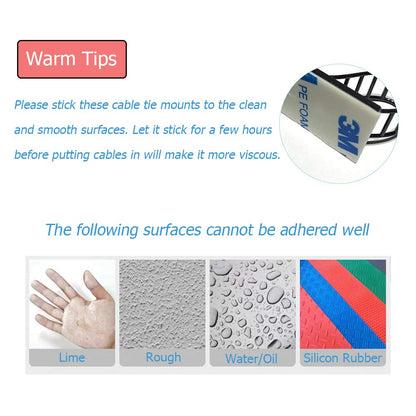 50pcs 2 Sizes Adjustable Adhesive Cable Ties Cable Clips Wire Strap Cord Clamp for Cable Management at Home and Office + 100pcs Nylon Zip Ties