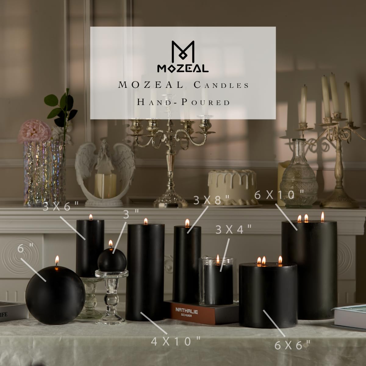 MOZEAL 3" x 6" Hand-Poured Unscented Candle,Dripless Pillar Candle Set of 3,Long Lasting Burning,Approx 120 Hours Burn Time,Rustic Country Style,for Wedding,Dinner,Christmas and Home Decor,Black